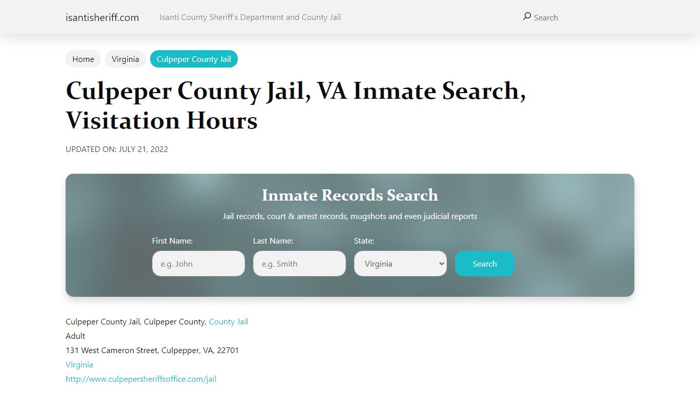 Culpeper County Jail, VA Inmate Search, Visitation Hours - Isanti Sheriff