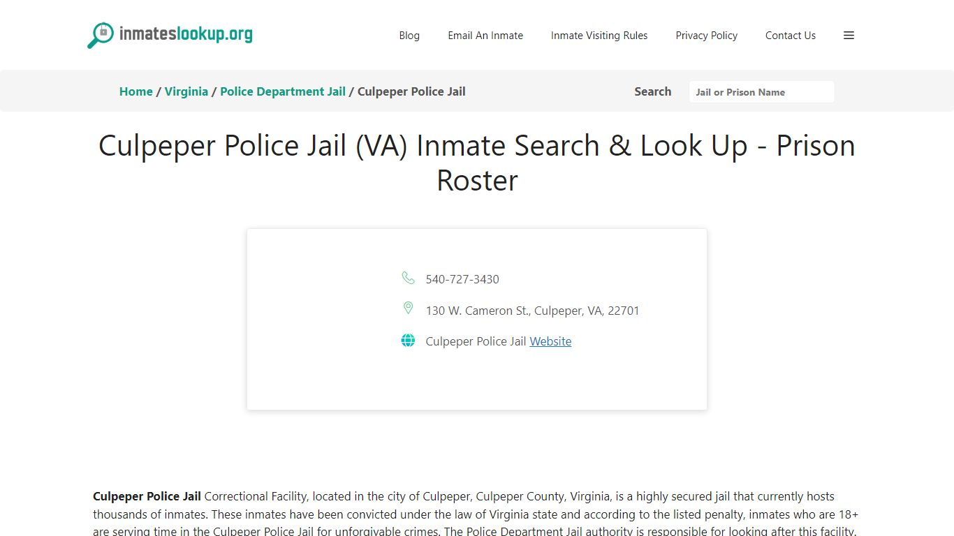 Culpeper Police Jail (VA) Inmate Search & Look Up - Prison Roster