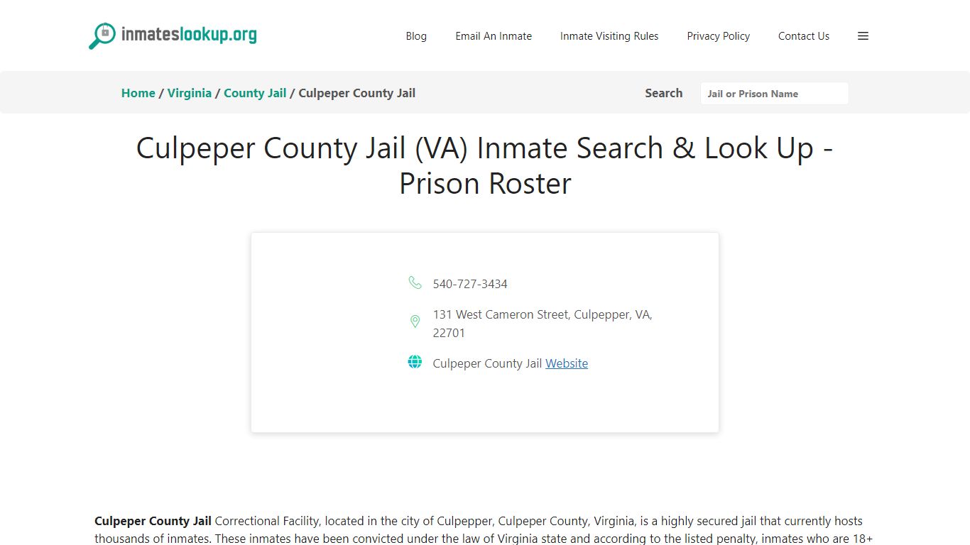 Culpeper County Jail (VA) Inmate Search & Look Up - Prison Roster