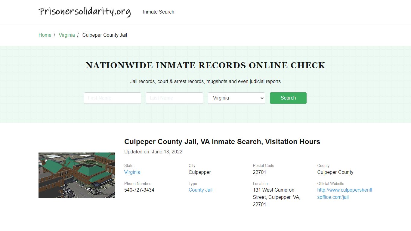 Culpeper County Jail, VA Inmate Search, Visitation Hours